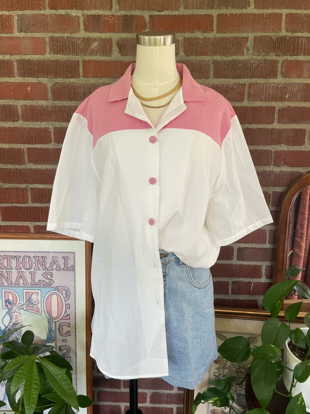 Vintage Pink and White Gingham Short-Sleeve Button-Down Shirt